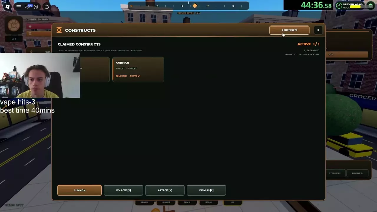 Claimed Constructs menu with Gunman selected, ACTIVE 1/1, and Summon, Follow, Attack, and Dismiss controls.